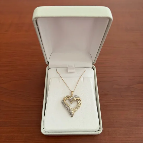 Diamond Heart Necklace 1/2 ct tw Round & Baguette 10K Yellow Gold 18" - Picture 2 of 11